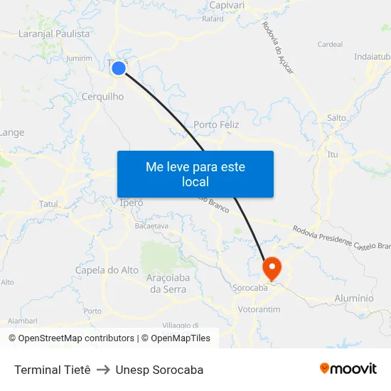 Terminal Tietê to Unesp Sorocaba map