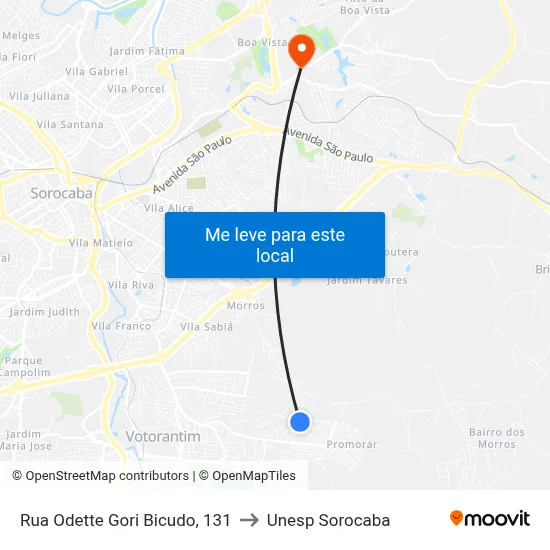 Rua Odette Gori Bicudo, 131 to Unesp Sorocaba map