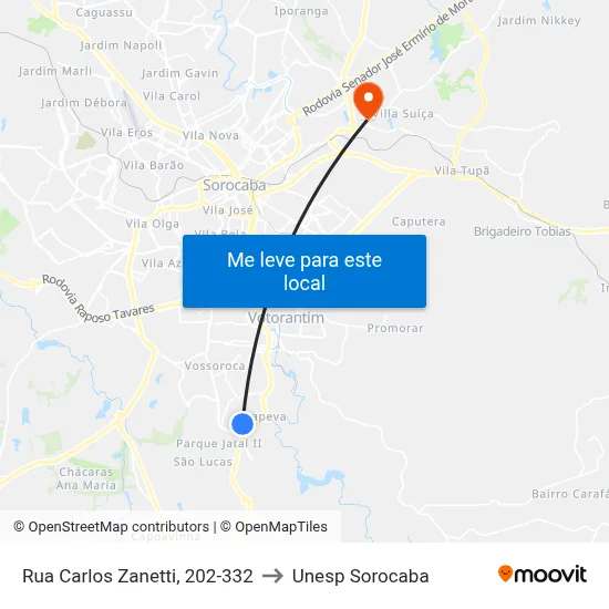 Rua Carlos Zanetti, 202-332 to Unesp Sorocaba map