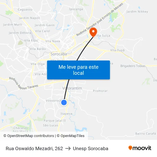 Rua Oswaldo Mezadri, 262 to Unesp Sorocaba map