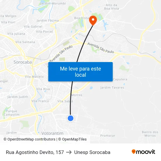 Rua Agostinho Devito, 157 to Unesp Sorocaba map