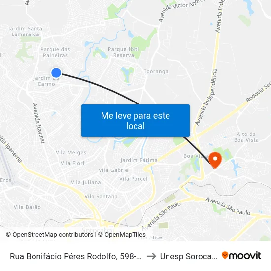 Rua Bonifácio Péres Rodolfo, 598-658 to Unesp Sorocaba map