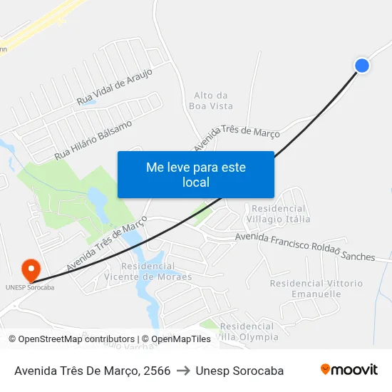Avenida Três De Março, 2566 to Unesp Sorocaba map