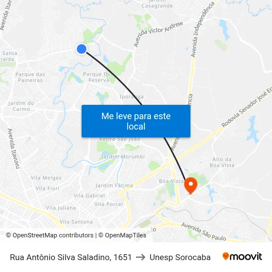 Rua Antônio Silva Saladino, 1651 to Unesp Sorocaba map