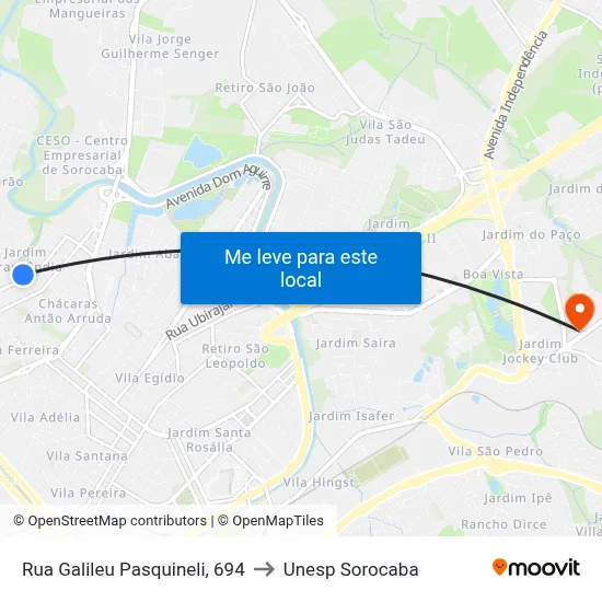 Rua Galileu Pasquineli, 694 to Unesp Sorocaba map