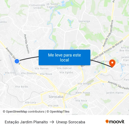 Estação Jardim Planalto to Unesp Sorocaba map