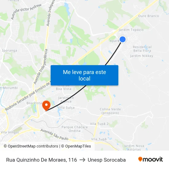 Rua Quinzinho De Moraes, 116 to Unesp Sorocaba map