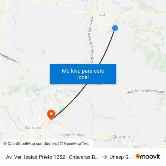 Av. Ver. Isaias Prieto 1252 - Chácaras Berro Dagua Itu - SP Brasil to Unesp Sorocaba map