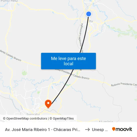 Av. José Maria Ribeiro 1 - Chácaras Primavera Itu - SP 13301-760 Brasil to Unesp Sorocaba map