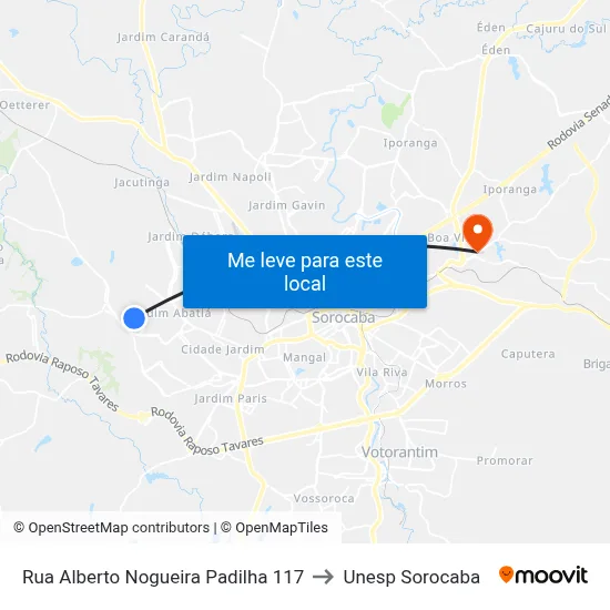 Rua Alberto Nogueira Padilha 117 to Unesp Sorocaba map