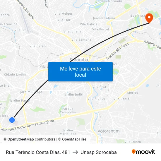 Rua Terêncio Costa Dias, 481 to Unesp Sorocaba map