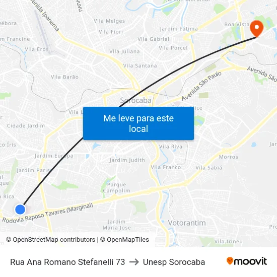 Rua Ana Romano Stefanelli 73 to Unesp Sorocaba map