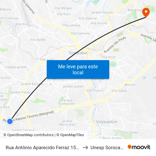 Rua Antônio Aparecido Ferraz 1530 to Unesp Sorocaba map