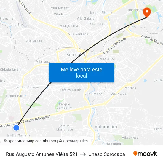 Rua Augusto Antunes Viêira 521 to Unesp Sorocaba map