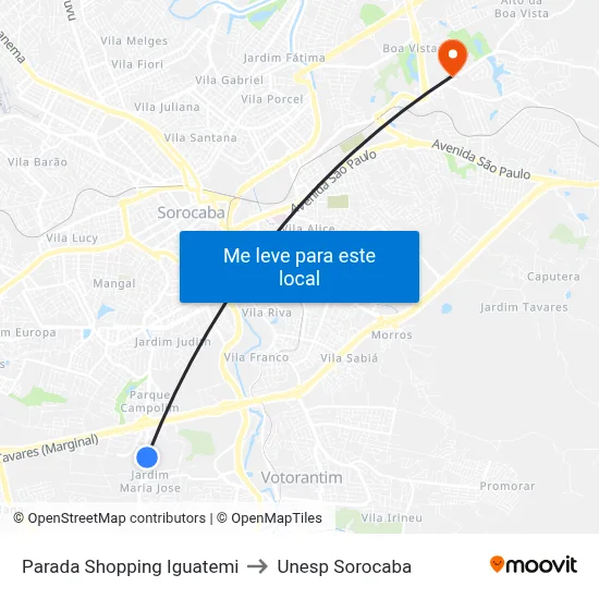 Parada Shopping Iguatemi to Unesp Sorocaba map
