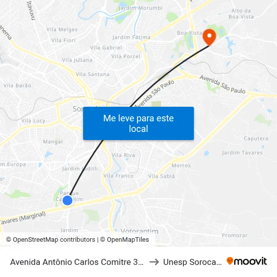 Avenida Antônio Carlos Comitre 3020 to Unesp Sorocaba map