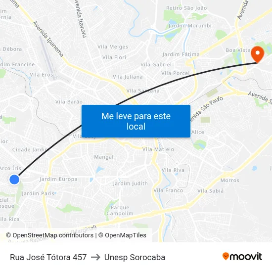 Rua José Tótora 457 to Unesp Sorocaba map