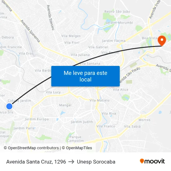 Avenida Santa Cruz, 1296 to Unesp Sorocaba map