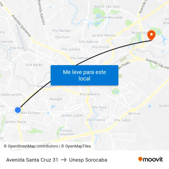 Avenida Santa Cruz 31 to Unesp Sorocaba map
