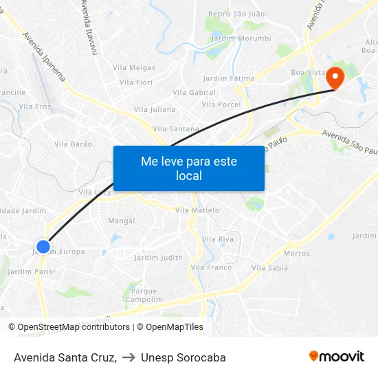 Avenida Santa Cruz, to Unesp Sorocaba map
