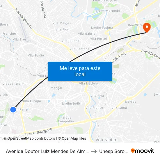 Avenida Doutor Luiz Mendes De Almeida, 1075 to Unesp Sorocaba map