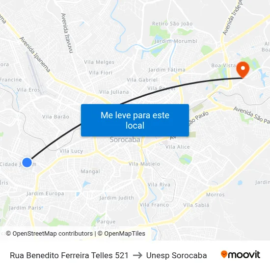 Rua Benedito Ferreira Telles 521 to Unesp Sorocaba map