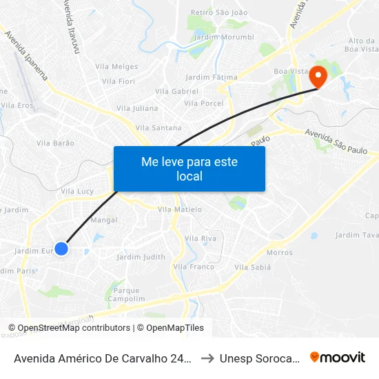 Avenida Américo De Carvalho 2470 to Unesp Sorocaba map