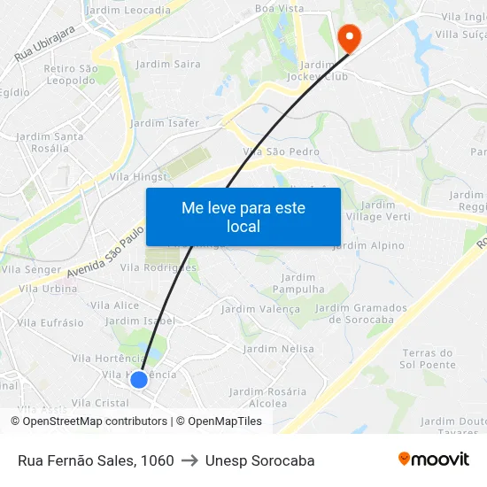 Rua  Fernão Sales, 1060 to Unesp Sorocaba map