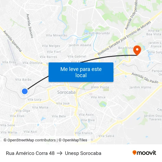 Rua Américo Corra 48 to Unesp Sorocaba map