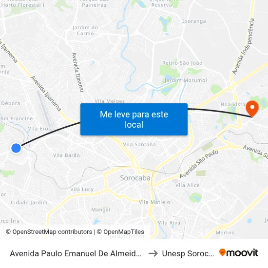 Avenida Paulo Emanuel De Almeida, 1798 to Unesp Sorocaba map
