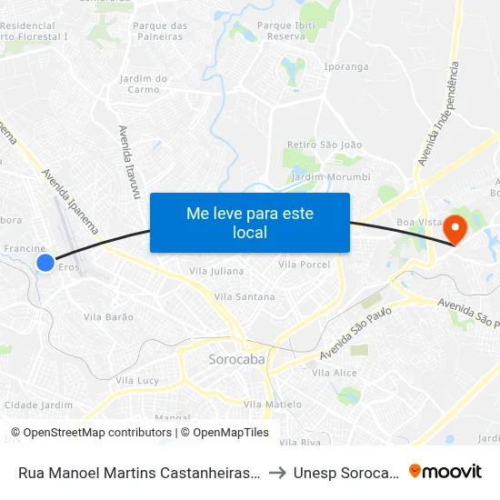 Rua Manoel Martins Castanheiras 42 to Unesp Sorocaba map