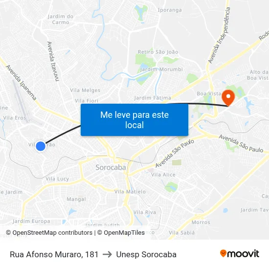 Rua Afonso Muraro, 181 to Unesp Sorocaba map