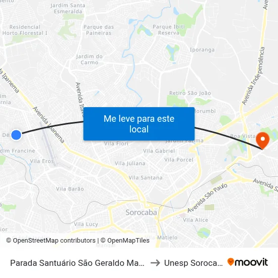 Parada Santuário São Geraldo Majella to Unesp Sorocaba map