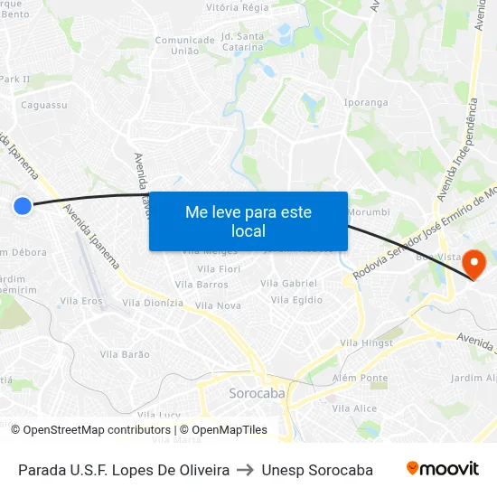Parada U.S.F. Lopes De Oliveira to Unesp Sorocaba map