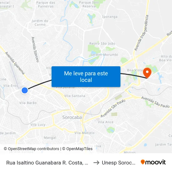 Rua Isaltino Guanabara R. Costa, 1590 to Unesp Sorocaba map