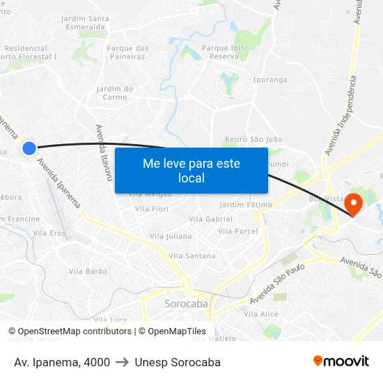 Av. Ipanema, 4000 to Unesp Sorocaba map