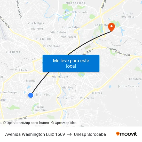 Avenida Washington Luiz 1669 to Unesp Sorocaba map