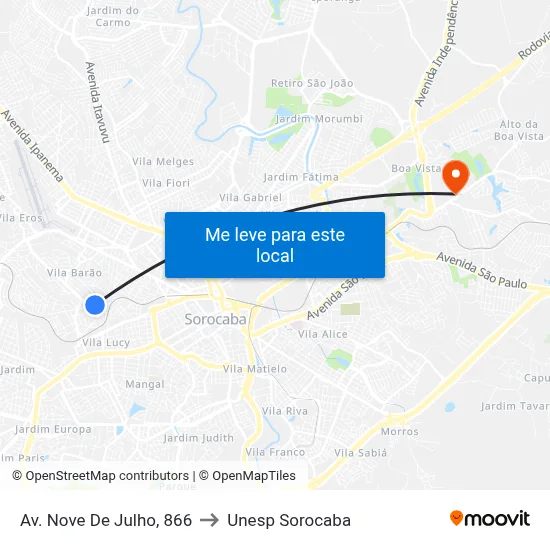 Av. Nove De Julho, 866 to Unesp Sorocaba map