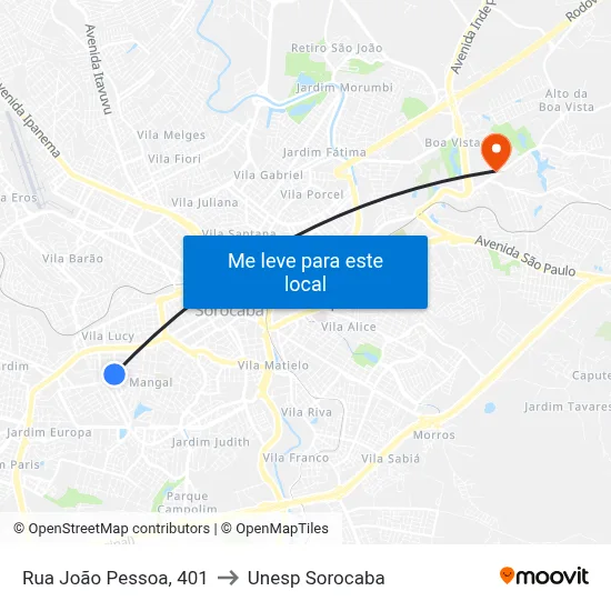 Rua João Pessoa, 401 to Unesp Sorocaba map