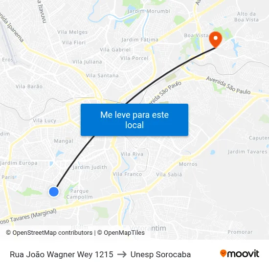 Rua João Wagner Wey 1215 to Unesp Sorocaba map
