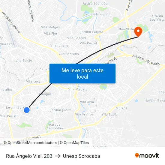 Rua Ângelo Vial, 203 to Unesp Sorocaba map