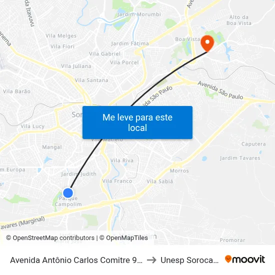 Avenida Antônio Carlos Comitre 991 to Unesp Sorocaba map
