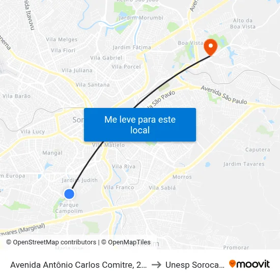 Avenida Antônio Carlos Comitre, 2051 to Unesp Sorocaba map