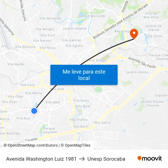 Avenida Washington Luiz 1981 to Unesp Sorocaba map