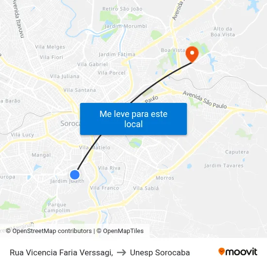 Rua Vicencia Faria Verssagi, to Unesp Sorocaba map