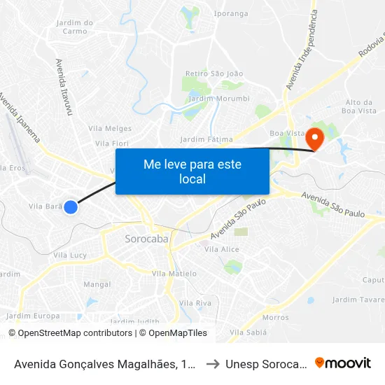 Avenida Gonçalves Magalhães, 1463 to Unesp Sorocaba map