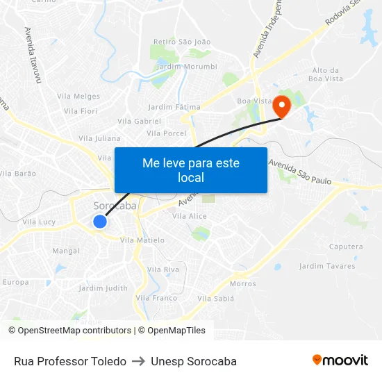 Rua Professor Toledo to Unesp Sorocaba map