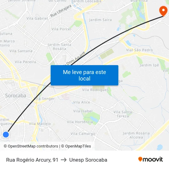 Rua Rogério Arcury, 91 to Unesp Sorocaba map
