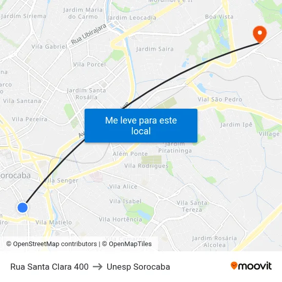 Rua Santa Clara 400 to Unesp Sorocaba map