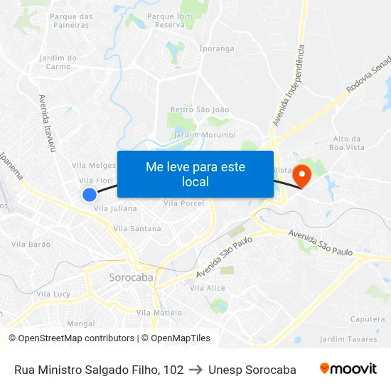 Rua Ministro Salgado Filho, 102 to Unesp Sorocaba map